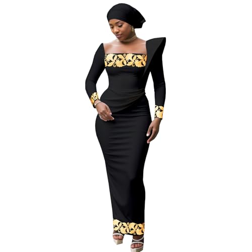 African Dresses for Women High Waist Embroidery Elegant Traditional Midi Dress with Headscarf Black XX-Large