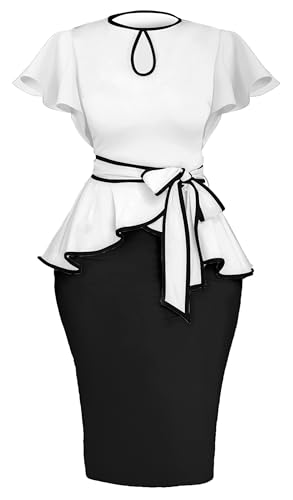 Yiershu Women Dress Elegant Peplum Ruffle Sleeve Business White Black
