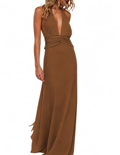 Long Summer Dresses for Women Brown Sleeveless Halter Deep V Neck Backless Mesh Y2k Maxi Sexy Low Cut Bodycon Tie Back Semi Formal Cocktail Beach Wedding Guest Dresses S