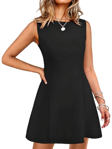 OKIFOIR Women's Summer Boat Neck A-Line Mini Dress (Black,Medium)