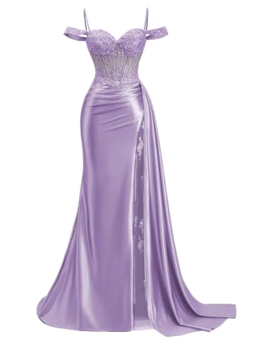 Off Shoulder Satin Beaded Prom Dress Mermaid Formal Evening Gown with Slit
