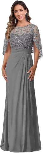 Sequin Lace Grey Mother of The Bride Dresses with Cape Sleeve Chiffon Long Formal Dress for Women 10