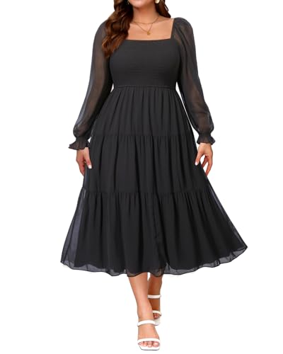 Plus Size Wedding Guest Dress Black Graduation Homecoming Long Puff Sleeve Suqare Neck Chiffon Smocked Midi Fall Dresses