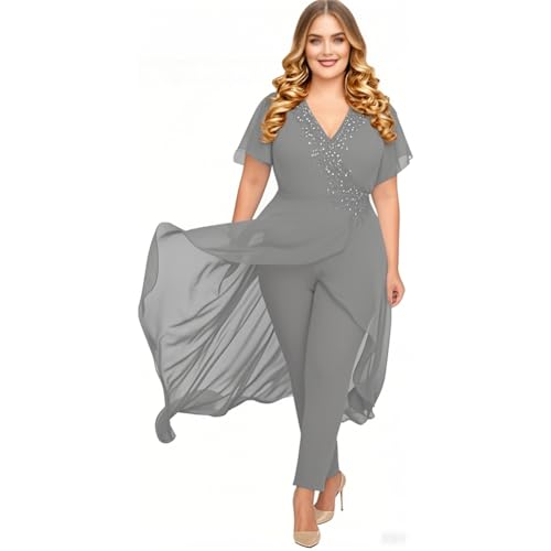 Plus Size Mother of Bride Pantsuit Cocktail Pant Suits for Women Dressy Evening Prom Wedding Grey