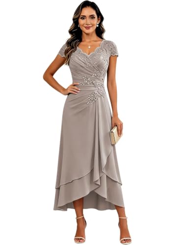 Taupe Summer Mother of Groom Dress Tea Length for Women Chiffon US6