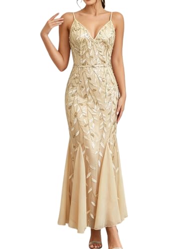 EHSUYAB Womens Beaded Sequin Mesh Maxi Dress Wedding Formal Gown Gold S