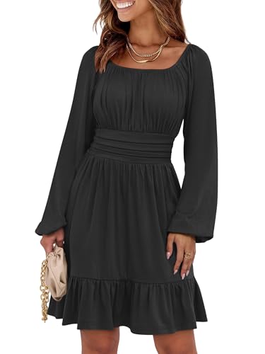 ANRABESS Women Long Lantern Sleeve Square Neck Fall Short Dress Black