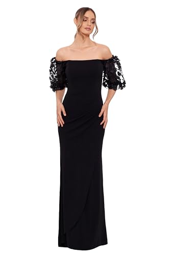 Xscape Women's Floor Length Column Evening Gown with Off-the-Shoulder Neckline, Embellished Floral Puff Sleeves, Black, 16