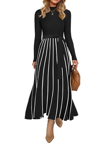 ZESICA Sweater Dresses for Women Fall Long Sleeve Maxi Dress Black M | Winter Turtleneck Dresses, Soft Ribbed Knit, Flowy A Line, Elegant Tie Waist, Stretchy Fabric, Fall Wedding Guest Dresses