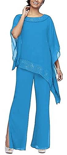 Bead Mother of Bride Pant Suits for Womens Wedding Guest Plus Size Cocktail Pant Suits Dressy Evening Prom Blue
