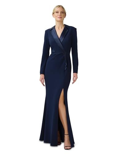 Adrianna Papell Women's Crepe Tuxedo Gown, Midnight, 14 | Double Breasted Long Sleeve Formal Dress with Satin Collar & Leg Slit
