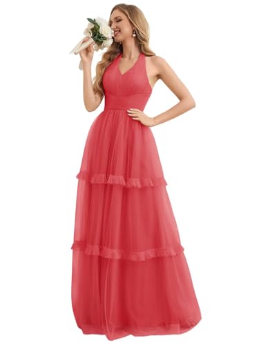 kilusoft Spring Watermelon Maxi Wedding Guest Dresses Formal A-line Tiered Bridesmaid Dresses Tulle Sleeveless Party Dress for Women US6