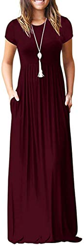 DEARCASE Maxi Dress for Women Burgundy Large Crewneck Short Sleeves Wedding Guest A-line Casual Loose Party Vintage Spring Summer Beach Long Dresses with Pockets