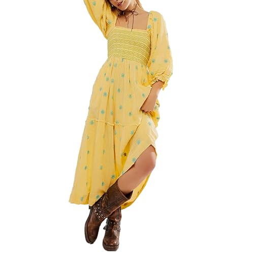 ABYOVRT Women Floral Embroidered Maxi Dress Long Puff Sleeve Square Neck Bohemian Flowy Dress with Pockets Summer Fall (Golden Yellow,L)