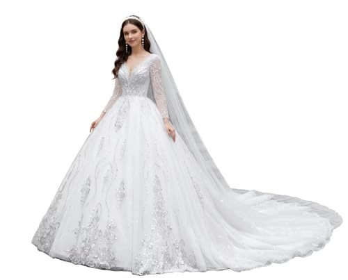 Gorgeous Glitter Wedding Dresses for Women Long Sleeves Bridal Dresses A Line Beach Bridal Gowns White 18 Plus Size DR0933-02 N