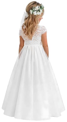 2Bunnies Girl Paisley Lace Back A-Line Tutu Tulle Party Flower Girl Dresses (Short Sleeve Maxi-White, 7/8)