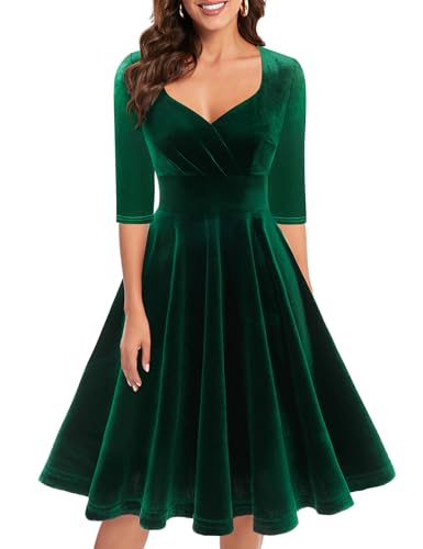 Bbonlinedress Women Long Sleeve Velvet Formal Vintage Cocktail Party Winter Christmas Wedding Guest Dress V-Dark Green L