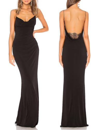 Women Spaghetti Strap Lace Backless Mermaid Maxi Dress Drape Neck Gown(XS,Black)