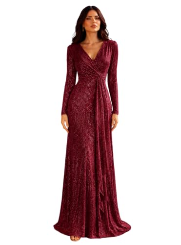 meilun Wine Long Sleeve Sequin Dress for Women Formal Evening Gowns Sparkly V Neck Maxi Dress for Wedding Guest,S