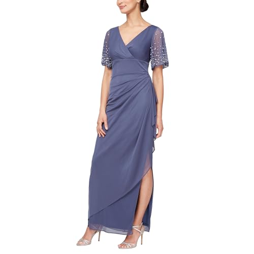 Alex Evenings Women's Flutter Sleeve Long Mother of the Bride Dress with Ruched Empire Waist (Petite and Regular Sizes), Violet Flutter, 16