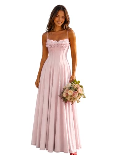 EDECPBM Long Chiffon Bridesmaid Dress Sweetheart Corset Ruffle A-Line Wedding Guest Dress Blush Pink US10