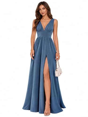 Ever-Pretty Women's V Neck Sleeveless Formal Dress Wedding Guest Dresses | High Stretch, Slit, Knit, Formal Wedding Guest Dress, Bridesmaid Dresses, Dusty Blue US12