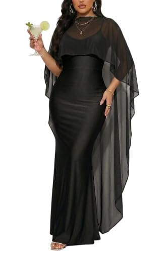CALEBGAR Women's Satin Bodycon Maxi Dress Formal Wedding Guest Dress Black | Stretch Satin,Mermaid Long Dress,Flowy Sheer Chiffon Cape,Elegant Dress for Wedding Guest,Cocktail,Prom,Evening Gown
