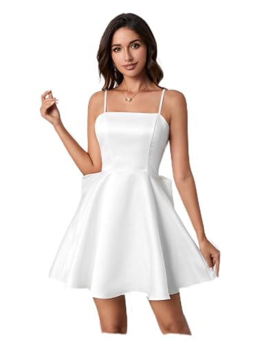 WDIRARA Women's Satin Bow Homecoming Dresses Spaghetti Strap Wedding Guest Gown Summer Mini Dress A White 3X-Large