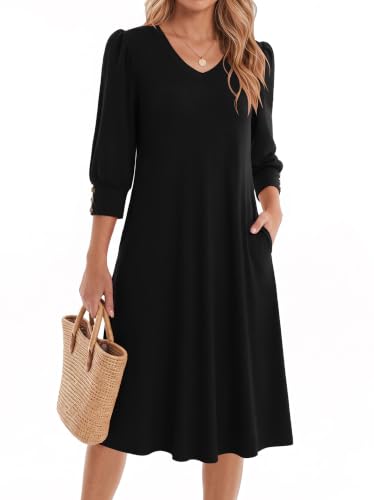 Zeagoo Winter Dresses for Women 3/4 Sleeve V Neck A Line Midi Dress XL | V Neck A Line Dress, 3/4 Sleeve, Midi Length, Two Side Pockets, Button Decor, Loose, Casual, Winter, Vacation, Daily