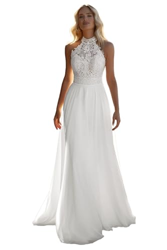 yinyyinhs White Chiffon Lace Wedding Dresses 2026 Halter Neck Bridal Dress for Bride Sweetheart Sexy Open Back Boho Wedding Bridal Dress US6