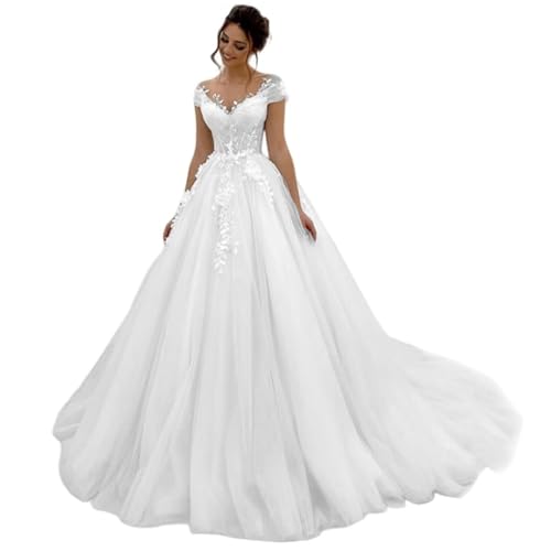 Off the Shoulder Lace Wedding Dresses for Women Spring Cap Sleeve Backless Aline Ruched Applique Semi Formal Wedding Bridal Gown White 12