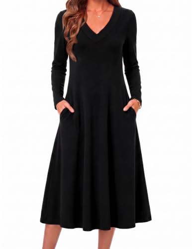 Zeagoo Fall Dresses for Womens Long Sleeve Midi Dress with Pockets Black M | Casual A Line Dress,Fit and Flare Dresses,V Neck,Winter Long Dresses For Women 2026,Fall Wedding Guest Dress,Tunic Dress