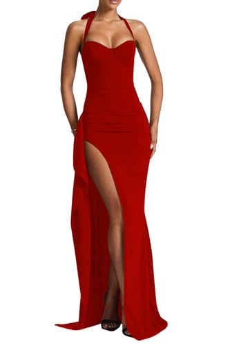 Memoriesea Women's Elegant Halter Neck Tie Ruched Bodycon Formal Wedding Party Maxi Dress Red