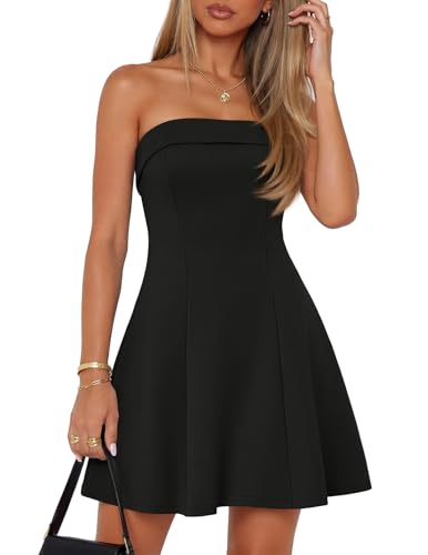 MEROKEETY Women's Fall Strapless Tube Cocktail Mini Dress, Black, S | Fit and Flare, Above the Knee Length, Dressy Casual Engagement Party Outfit, A Line Homecoming Dresses, Fall Fashion Clothing