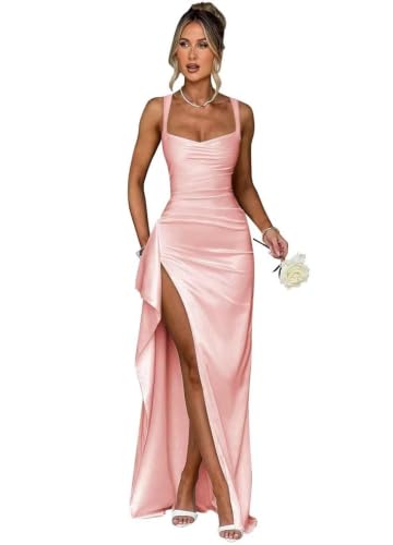 Satin Bridesmaid Dresses with Slit Corset Prom Dress Blush Pink Size 4