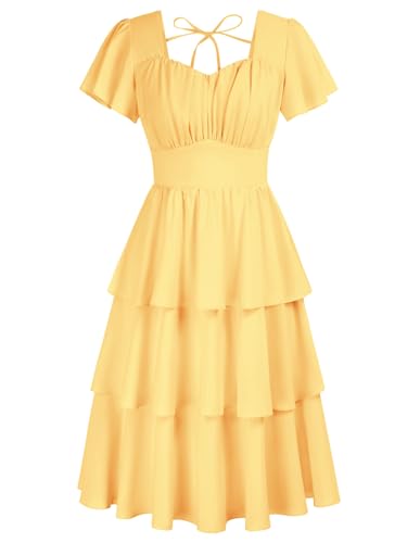 Belle Poque Women's Vintage Square Neck Midi Tea Party Dress Yellow S