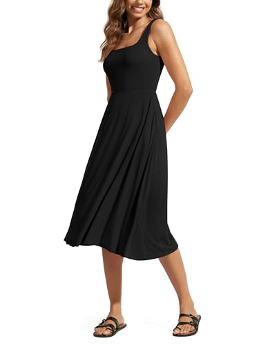 ODODOS Square Neck Midi Dress with Pockets for Women Summer Casual Sleeveless Sundress Flare Tank Dress, Black, Medium