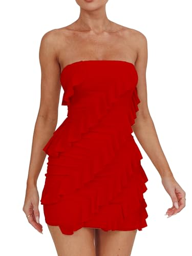 HOCILLE Women's Sexy Strapless Tube Top Bodycon Sleeveless Ruffle Mini Party Dress, Small, Red