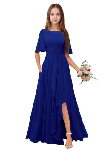 Qgeno Royal Blue Junior Bridesmaid Dresses Size 16 Long with Flutter Sleeve Chiffon Flower Girl Dress Slit Spring Beach Wedding Gowns