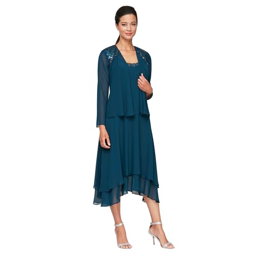 S.L. Fashions Women's Regular Mother of The Bride Dress with Embellished Neckline & Shoulder, Wedding Guest, Mid Teal, 10