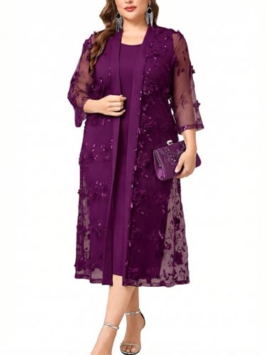 TIARALY Plus Size Mother of The Bride Formal 2 Piece Dress Set with 3D Floral Mesh Jacket Dressy Suit Outfits Guest, Plum, 2X