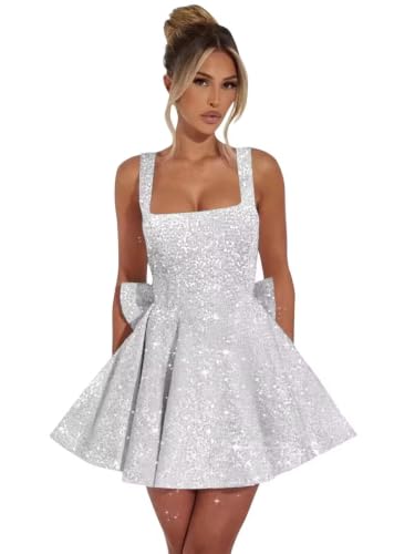 ROSE IN THE BOX Sparkly Sequin Homecoming Dresses with Bow Short Prom Dress for Teens Women Square Neck Cocktail Party Gown US0 White