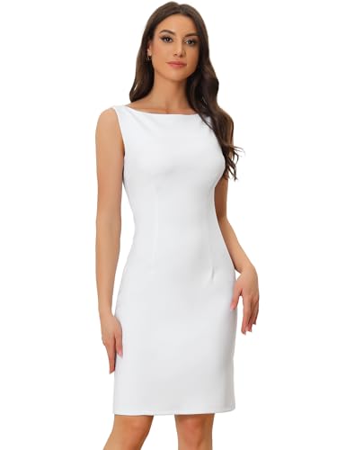 Allegra K Business Sheath Dress for Women's Work Professional Dresses White | Funeral, Interview, Teacher, Office Work , Knee Length, Boat Neck, Sleeveless, Pencil, Dressy Casual Small White