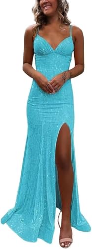 Sequin Prom Dresses with Slit Sparkly Mermaid Long Aqua Formal Dress 2026 Spaghetti Straps Backless Corset Party Gown 4
