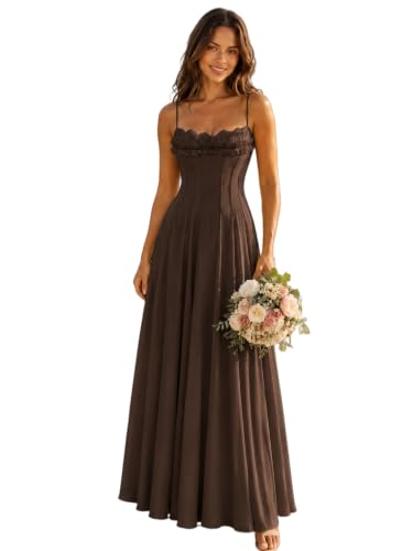 EDECPBM Long Chiffon Bridesmaid Dress Sweetheart Corset Ruffle A-Line Wedding Guest Dress Brown US12