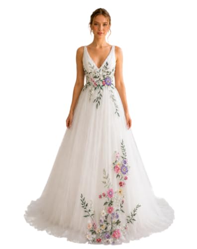 Boho Floral Tulle Wedding Dress V Neck A-Line Fairy Bridal Gown White