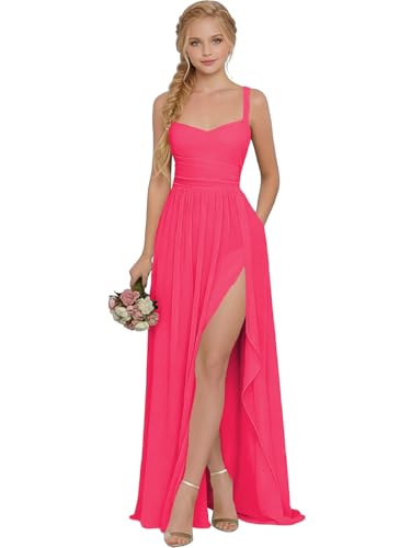 TPonline Junior Bridesmaid Dress for Wedding 2026 Elegant Chiffon Flower Girls Hot Pink A-Line Formal Dinner Maxi Gown for 11 Year Old TP992-Hot Pink-11