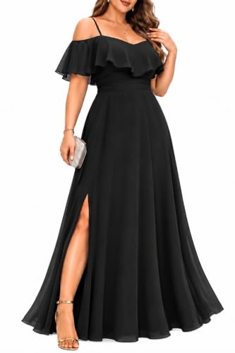 Women Plus Size Formal Dresses Black Off Shoulder Chiffon Bridesmaid Wedding Guest Side Slit Smocked Aline Long Dress