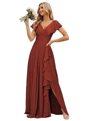 LuxeLacing Rust Chiffon Ruffle Short Sleeve Bridesmaid Dresses with Slit Long for Women A-Line Chiffon V-Neck Wedding Guest Dress with Pocket US10