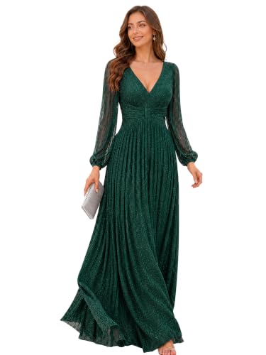 Ever-Pretty Women's V Neck Ruched High Waist Long Sleeves Floor Length Glitter Evening Dresses Deep Green US18